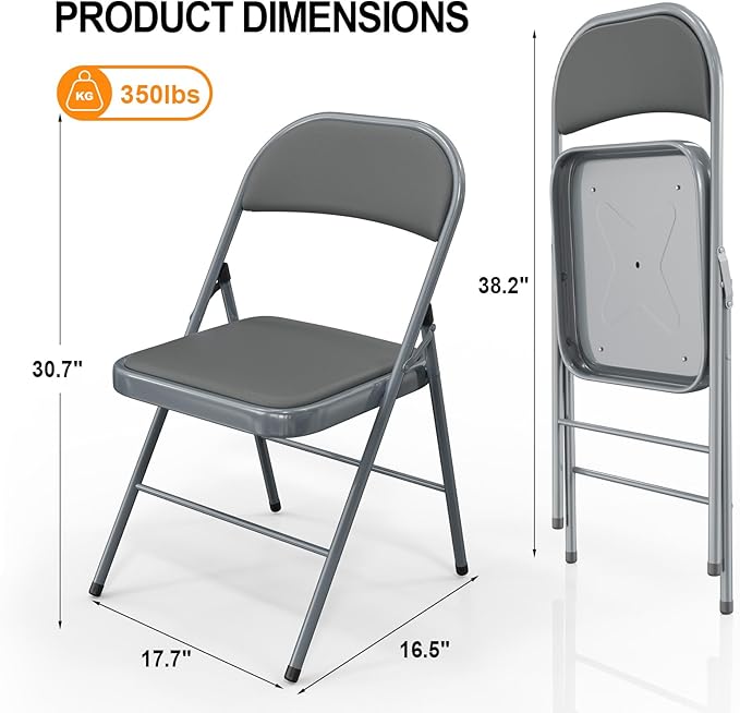 VINGLI 8 Pack Folding Chairs with Padded Seats, Metal Frame with Pu Leather Seat & Back, Capacity 350 lbs, Gray - Image 3