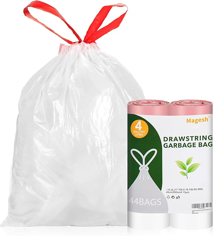 Drawstring Small Trash Bags, Magesh 4 Gallon Drawstring Extra Thick Garbage by Magesh