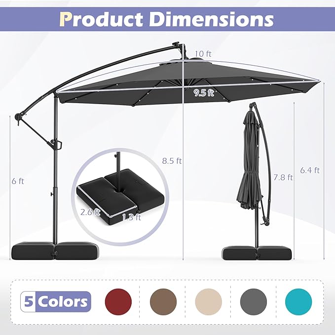 Tangkula 10ft Solar LED Patio Umbrella with Base, Offset Cantilever Outdoor Umbrella with 32 LED Lights, Infinite Tilt, 360 Degree Rotation, Crank Handle for Pool Deck Garden Backyard (Gray) - Image 4