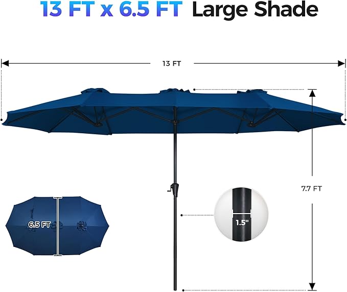 SUPERJARE 13FT Outdoor Umbrella for Patio, Double sided Pool Umbrellas with Fade Resistant Canopy, Large Table Umbrella for Deck, Market, Backyard - Navy Blue - Image 7