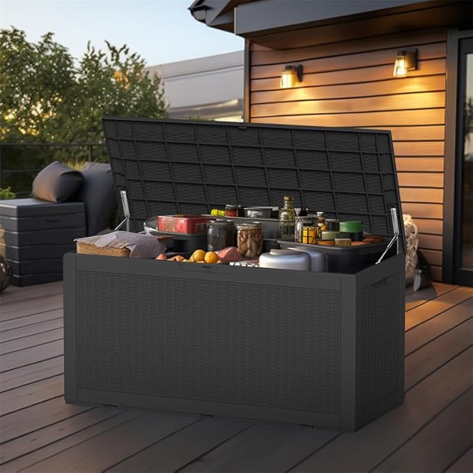 120 Gallon Outdoor Deck Box, Lockable Waterproof Outdoor Storage Boxes For Garden Tools,Indoor Cushions,Accessories Outside Storage Resin Weatherproof Container(Black) - Image 7