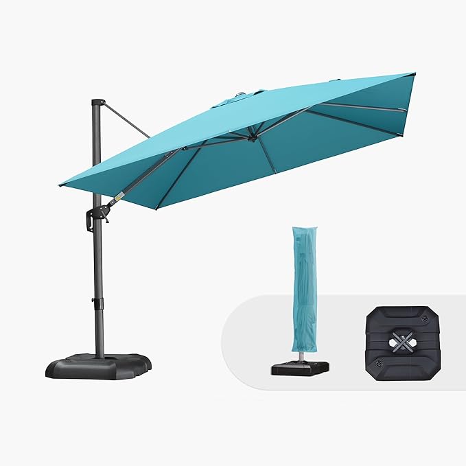 PURPLE LEAF 10'×10' Patio Umbrella with Base and Cover Outdoor Umbrella Large Cantilever Windproof Offset Heavy Duty Sun Umbrella for Garden Deck Pool Patio Turquoise Blue by PURPLELEAF