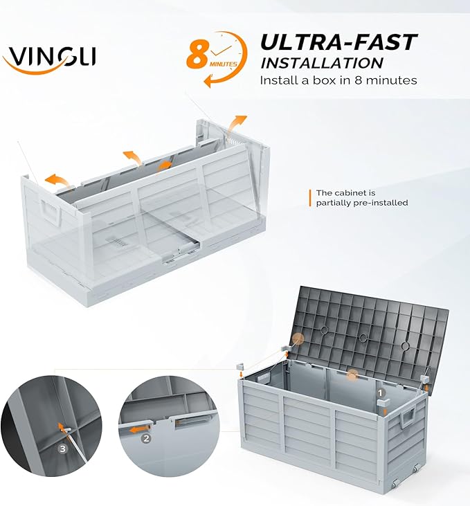VINGLI 75 Gallon Collapsible Outdoor Storage Box, Simple-to-assemble Plastic Storage Containers with Lid, Patio Deck Box Furniture for Garden, Pool, Balcony, Yard (Grey) - Image 2