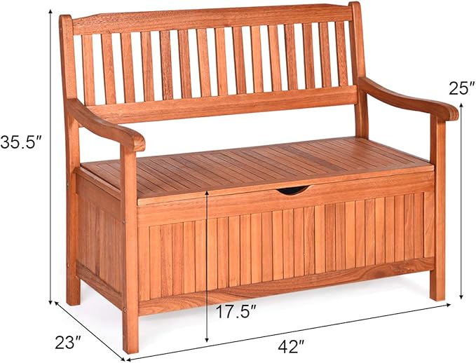 Tangkula Outdoor Wood Storage Bench Deck Box, Entryway Porch Storage Bench with Inner Removable Dust-Proof Lining & Portable Handles, Eucalyptus Wood Loveseat for Garden, Lawn, Balcony & Yard - Image 3