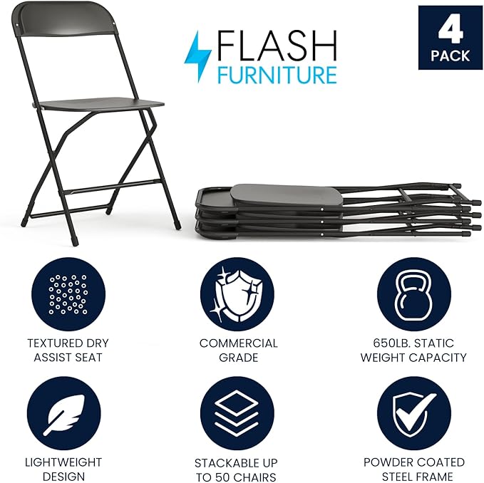 Flash Furniture Hercules Series Plastic Folding Chairs for Parties and Weddings, Stackable Commercial Event Seats with 650-lb. Static Weight Capacity, Set of 4, Black - Image 3