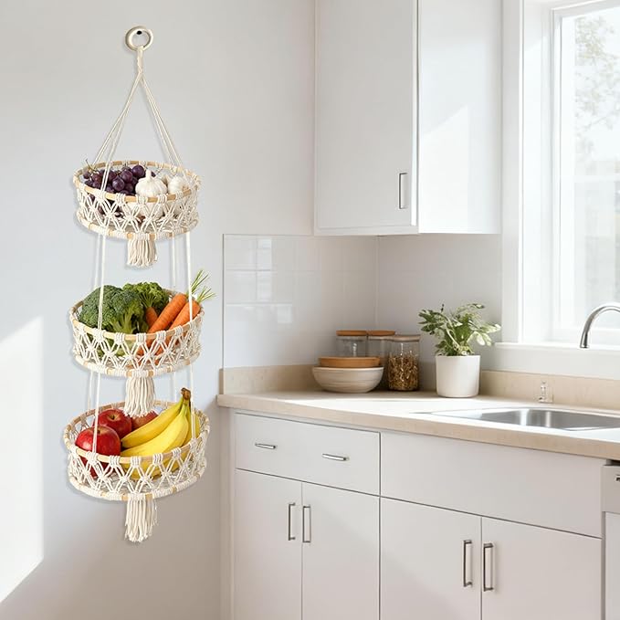 3 Tier Hanging Fruit Basket, Macrame Hanging Basket - Image 2