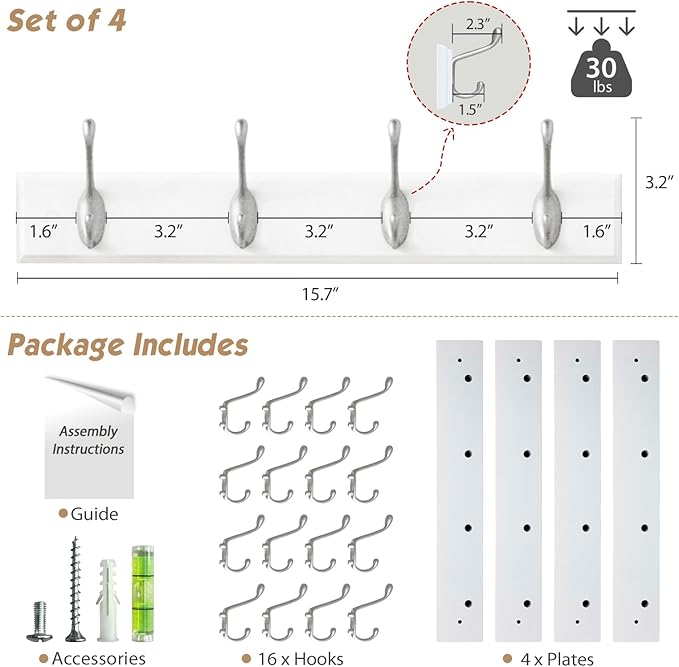 Forbena White Coat Rack Wall Mount 4-Pack, Coat Hanger Wall Mounted - Image 3