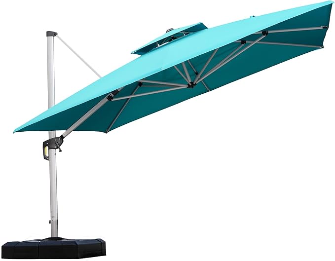 PURPLE LEAF 11 Feet Double Top Deluxe Square Outside Umbrella for Patio Offset Hanging Umbrella, Turquoise Blue by PURPLELEAF