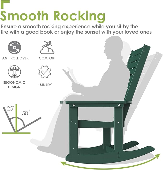 GREENVINES Outdoor Rocking Chair Set | 3-Piece | 2 Rocking Chairs with 1 Side Table | Porch Rocker | HDPE Plastic | Forest | Patio Furniture Sets | High Back | Big & Tall | Ladder Back - Image 6