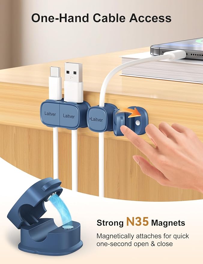 6 Pack Magnetic Cable Clips, Laitver Cord Organizer Holder Strong Adhesive Desk - Image 4