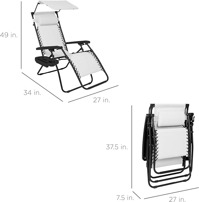 Best Choice Products Folding Zero Gravity Outdoor Recliner Patio Lounge Chair w/Adjustable Canopy Shade, Headrest, Side Accessory Tray, Textilene Mesh - Snow/Black - Image 2