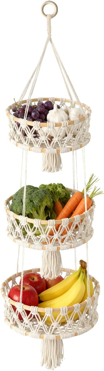 3 Tier Hanging Fruit Basket, Macrame Hanging Basket by Unknown