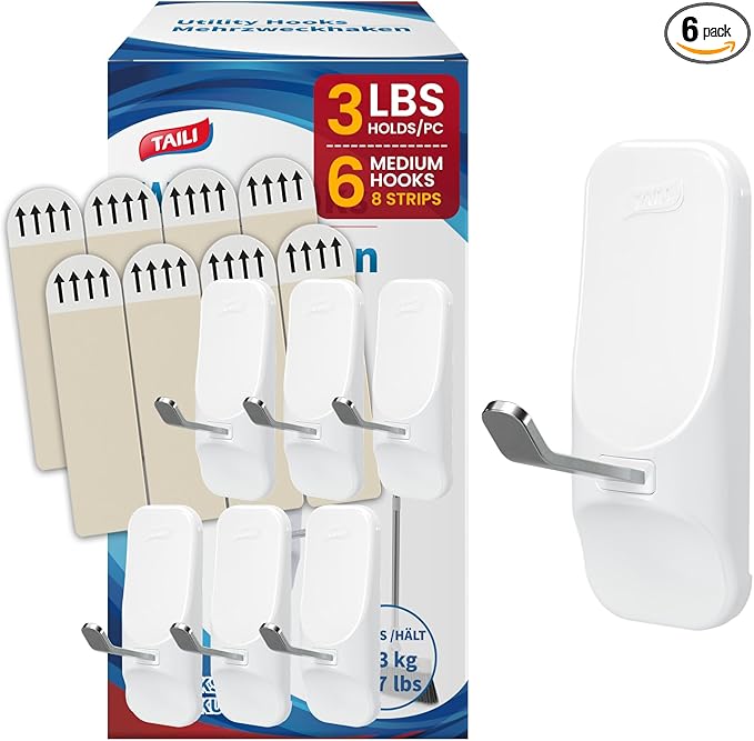 TAILI Hooks for Hanging, 6 Wire Sticky Hooks and 8 Adhesive Strips, No Damage by TAILI