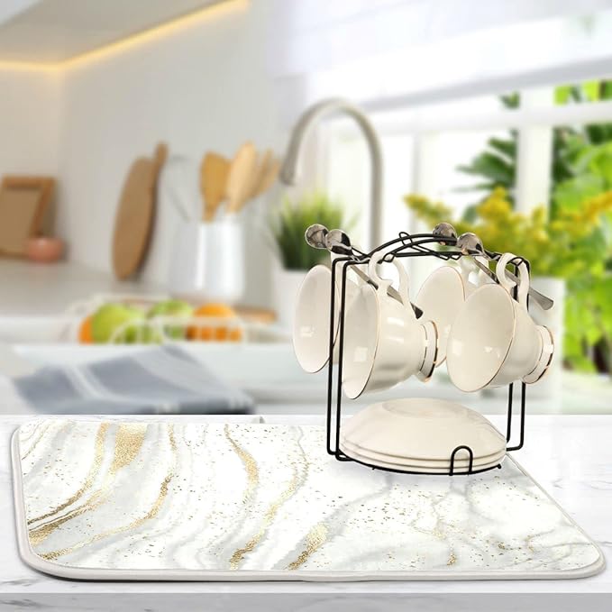 Marble Dish Drying Mat for Kitchen Counter White Golden Marble Gary Grey Drying - Image 5