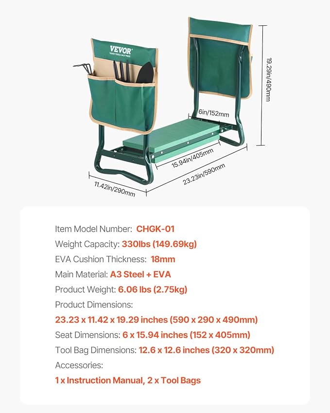 VEVOR Garden Kneeler and Seat Heavy Duty, Portable Garden Stool with 6'' EVA Kneeling Pad and 2 Tool Bags, Folding Garden Bench to Relieve Knee & Back Pain, Great Gifts for Seniors, Family Gardeners - Image 8