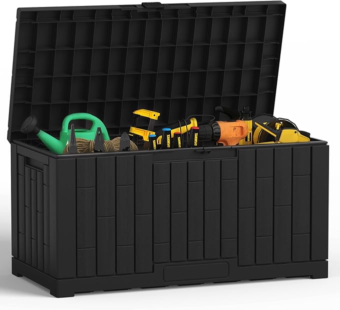NEWBULIG 60 Gallon Deck Box, Waterproof Outdoor Storage Box with Lockable Lid, Patio Furniture Bench & Side Table, Outside Storage Container, Tool-Free Assembly, for Garden, Pool, Black by NEWBULIG
