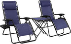 Amazon Basics Outdoor Textilene Adjustable Zero Gravity Folding Reclining Lounge Chair Set with Side Table, pack of 2, Blue by AmazonBasics