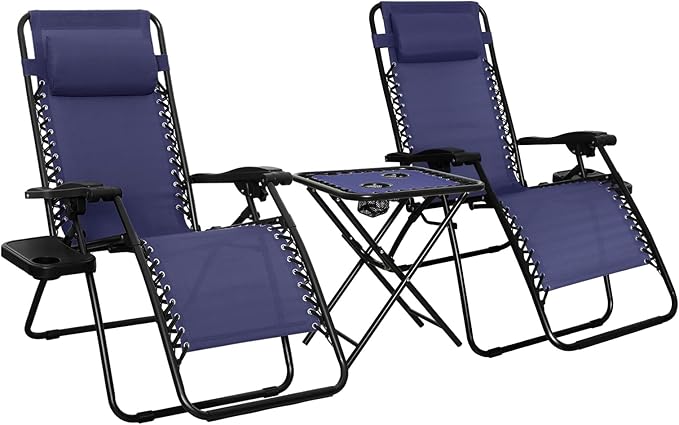 Amazon Basics Outdoor Textilene Adjustable Zero Gravity Folding Reclining Lounge Chair Set with Side Table, pack of 2, Blue by AmazonBasics