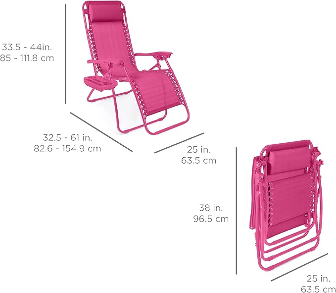 Best Choice Products Set of 2 Adjustable Steel Mesh Zero Gravity Lounge Chair Recliners w/Pillows and Cup Holder Trays - Hot Pink - Image 2
