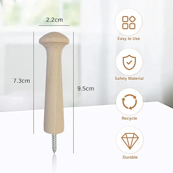 5Pcs Wooden Pegs Shaker Coat Hooks Screw-in Wall Rack Pegs - Image 2