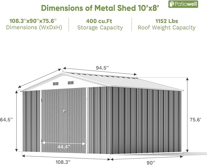 Patiowell 10 x 8 FT Outdoor Storage Shed, Large Garden Tool Metal Shed with Sloping Roof and Double Lockable Door, Outdoor Shed for Backyard Garden Patio Lawn,Grey - Image 4