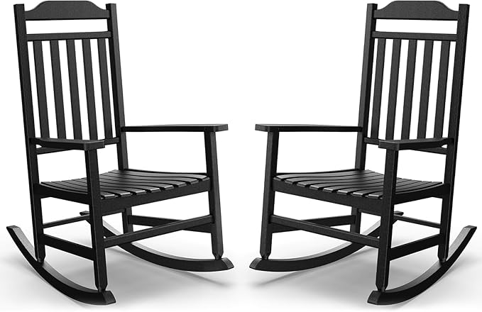 Patio Rocking Chair Outdoor Set of 2,Weather Resistant Poly Resin Oversized Porch Rocker,High Back Smooth Design,350lb Weight Capacity,Indoor Outdoor Use(2, Black) by GYMHILL