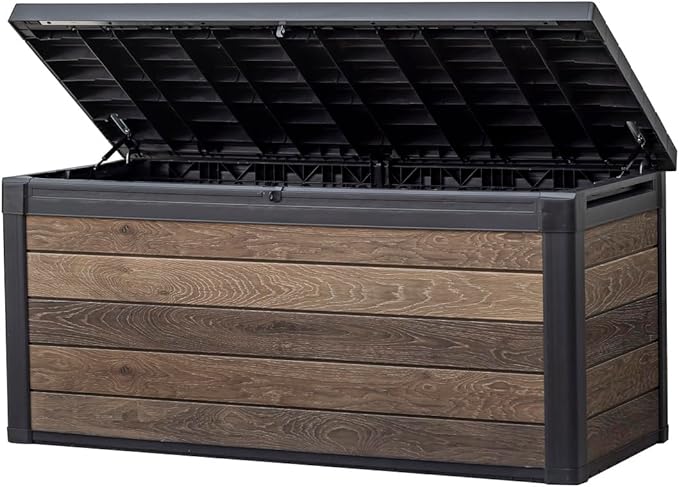 Keter Signature Collection 150 Gallon Resin Deck Box Organization and Storage Box for Patio Outdoor Cushions, Throw Pillows, Garden Tools and Pool Supplies, Walnut by Keter