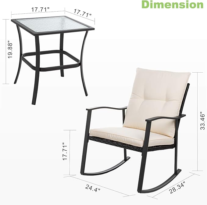 Vongrasig 3 Piece Outdoor Rocking Chair Set, PE Wicker Rattan Small Bistro Set, Front Porch Furniture Rocking Chairs Set of 2, Cushioned Patio Rocker Chair Set with Glass Table (Beige) - Image 2