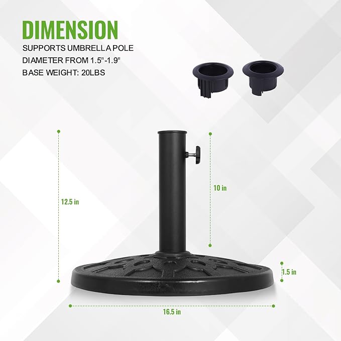 Backyard Expressions 20 lb Round Patio Umbrella Base – Heavy Duty Resin-Coated Calcium Carbonate Stand with Adjustable Pole Adapters Fits 1.5"–2" Poles, Weather-Resistant, Black Finish - Image 2