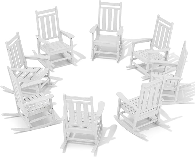 KINGYES Oversized Outdoor Rocking Chair Set of 8, All-Weather Patio Rocking Chairs for Porch, HDPE Outdoor Patio Rockers with High Back & Wide Seat for Garden, Lawn, White by KINGYES