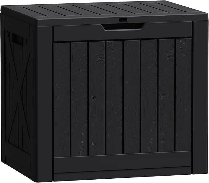 Flamaker Resin Deck Box 40 Gallon Waterproof Outdoor Indoor Storage Box Imitation Wood Resin for Patio Furniture Garden Tools and Pool (Black) by Flamaker