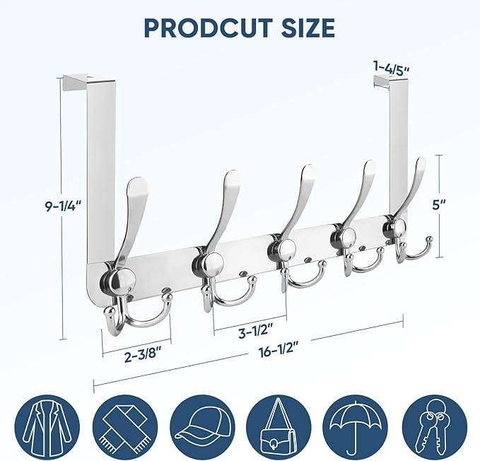 TICONN Over The Door Hooks, 5 Heavy Duty Tri Coat Rack All Metal Coat Hanger - Image 2