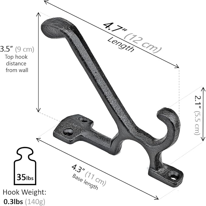 Ambipolar 5 Pack Decorative Cast Iron Heavy Duty Double Hooks, Wall Mounted - Image 2