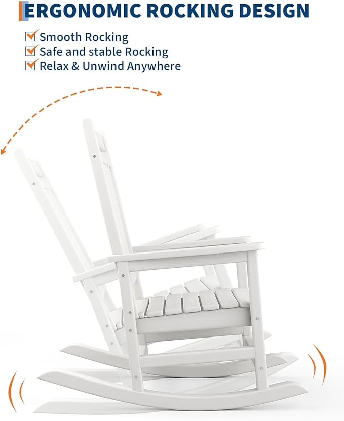 GarveeLife Poly Lumber Rocking Chair Outdoor Set of 4 - HDPE High Back Porch Rocker Chairs for Adults - All Weather Resistant Furniture for Patio - White - Image 4