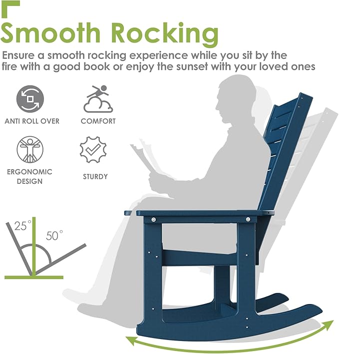 GREENVINES Outdoor Rocking Chairs | Set of 2 | Porch Rocker | HDPE Plastic | Blue | Oversized Rockers | High Back | Big & Tall | Ladder Back | for Patio Outside Backyard Balcony Garden - Image 4