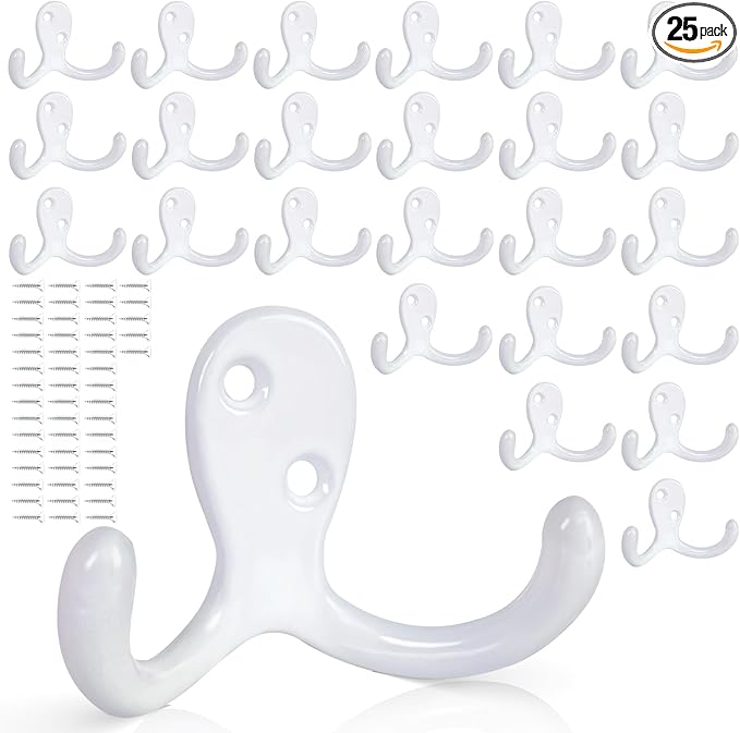 25 Pack Coat Hooks Wall Hooks for Hanging, Heavy Duty Double Prong Metal Hook by CBWLWJ