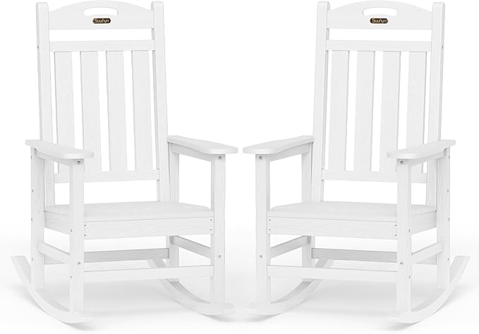 Oversized Rocking Chairs Outdoor Set of 2, High Back Porch Rocker Chair, HDPE All Weather Resistant Rocking Chairs for Patio, 380lbs Weight Capacity, White by Suunyn
