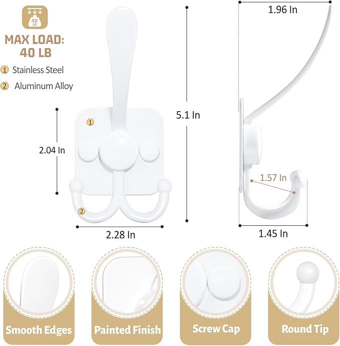 VIS'V Coat Hooks Wall Mount, Metal Self Adhesive 3 Prong Coat Hanger Hooks - Image 6