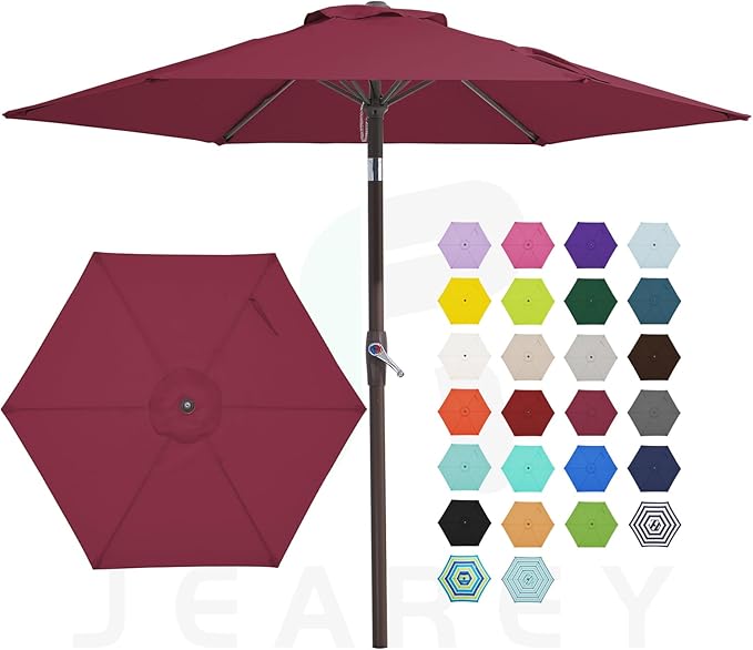JEAREY 7.5FT Patio Umbrella Market Table Umbrella with 6 Sturdy Ribs, Push Button Tilt/Crank Outdoor Umbrella for Garden, Deck, Backyard, Pool and Beach,Burgundy by JEAREYOutdoorsCollection