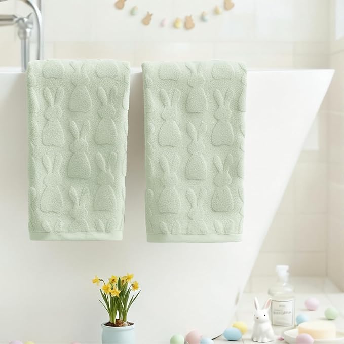 Artoid Mode 2 Pcs Light Green 3D Rabbit Jacquard Easter Hand Towels - Image 3