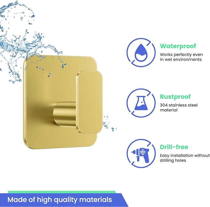 Gold Hooks for Hanging Heavy Duty, Adhesive Hooks for Shower, Waterproof & - Image 3