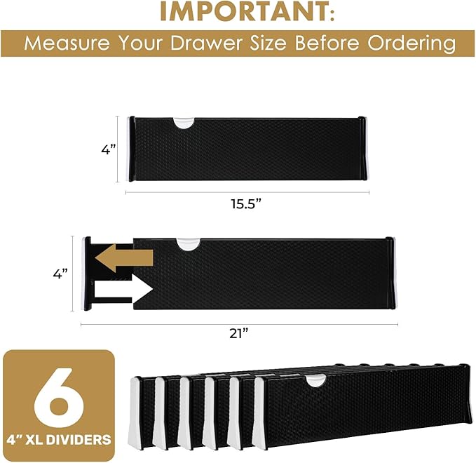 RAPTUROUS Adjustable Drawer Dividers 6 Pack, 4” High, 15.5-21” Long, Dresser - Image 2