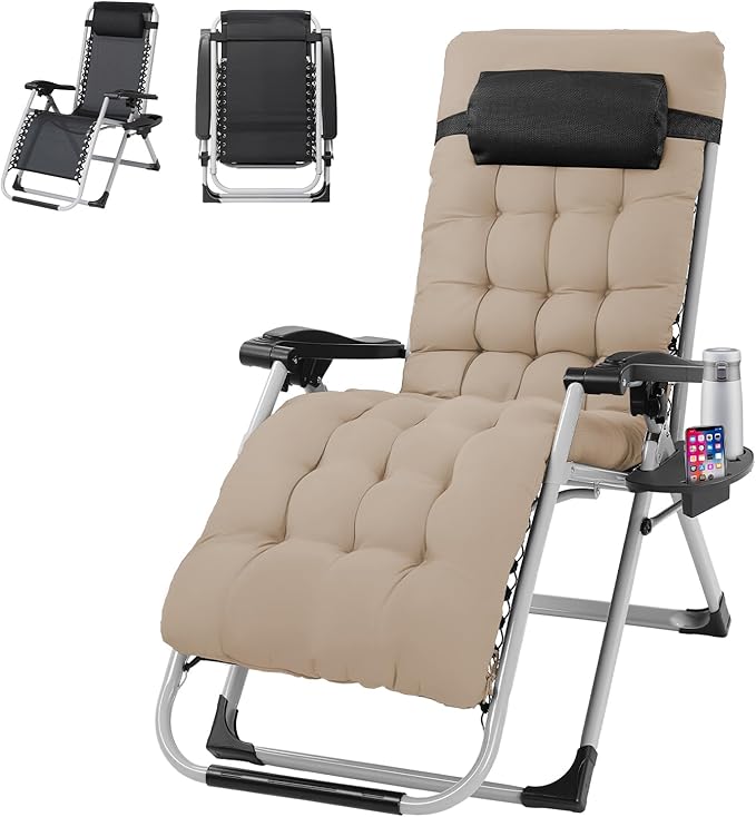 VINGLI Padded Zero Gravity Chair, Lounge Chair with Removable Cushion & Tray， Folding Reclining Patio Chairs， Recliner Chair for Lawn，Indoor Outdoor-Khaki by VINGLI