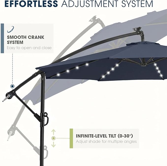 wikiwiki 10ft Solar LED Patio Umbrella with Base Included, Offset Umbrella with Weighted Sandbag Base, Cantilever Patio Umbrella for Backyard, Garden & Deck, 32 LED Lights & Polyester Shade, Navy Blue - Image 6