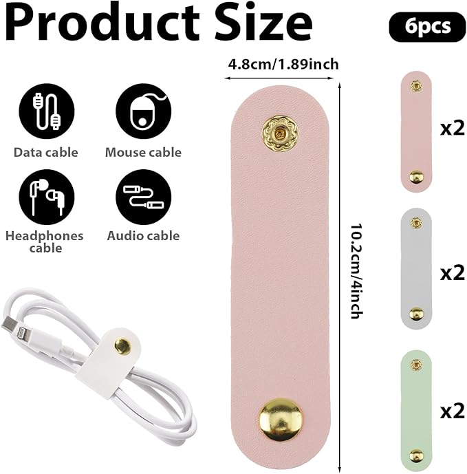 6pcs Leather Cord Organizer Reusable Cable Straps PU Leather Cable Organizer - Image 2