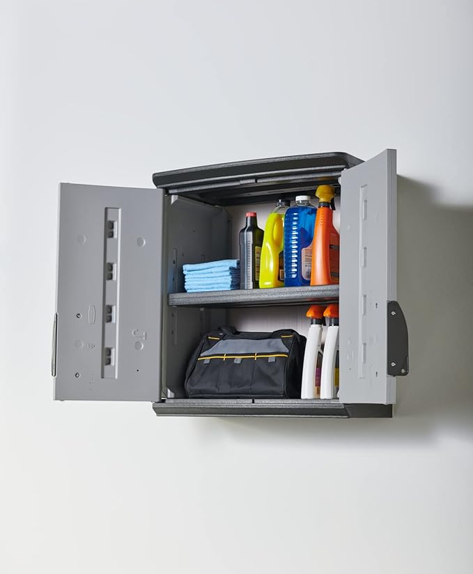 Rubbermaid Wall Mounted Storage Cabinet with Doors 150-Pound Capacity Gray Lockable Three-Shelf Cubbard for Tools/Car Accessories/Cleaning in Home/Garage/Outdoor Areas - Image 7