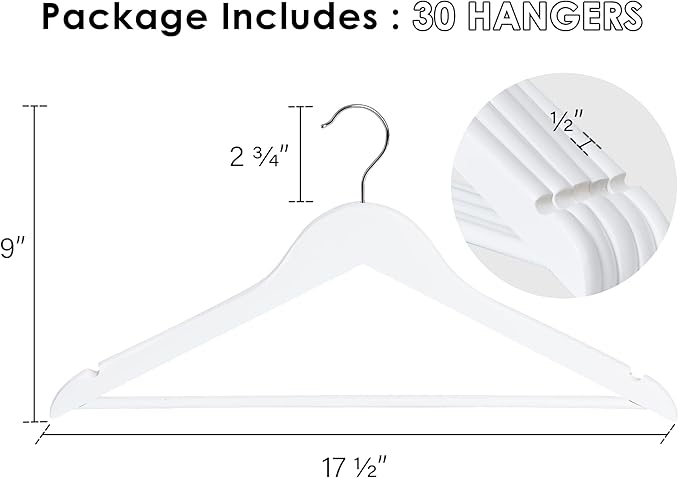 StorageWorks White Wooden Hangers 30 Pack, Heavy Duty Wood Hangers - Image 3