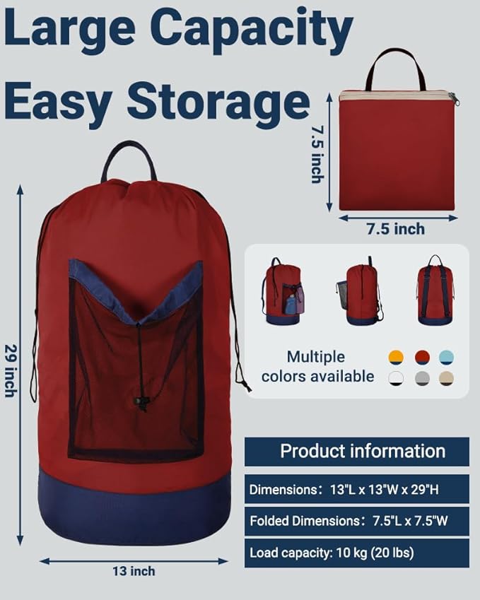Laundry Bag with Shoulder Straps and Mesh Pocket Laundry Backpack Large - Image 2