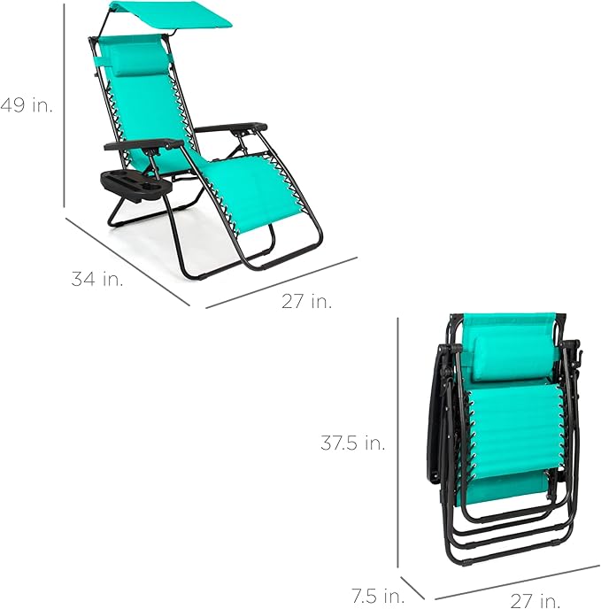 Best Choice Products Folding Zero Gravity Outdoor Recliner Patio Lounge Chair w/Adjustable Canopy Shade, Headrest, Side Accessory Tray, Textilene Mesh - Mint - Image 3