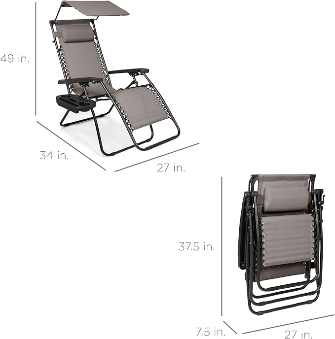 Best Choice Products Folding Zero Gravity Outdoor Recliner Patio Lounge Chair w/Adjustable Canopy Shade, Headrest, Side Accessory Tray, Textilene Mesh - Ice Gray - Image 3